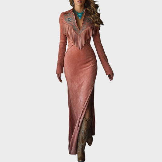 Soli | Vestido Largo de Ante con Bordado de Flecos