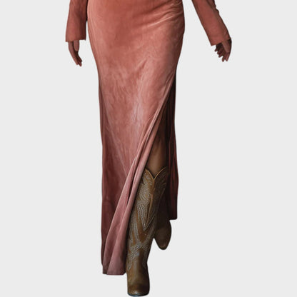 Soli | Vestido Largo de Ante con Bordado de Flecos